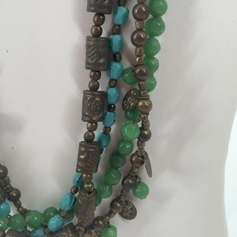 Bronze, green, blue 4 layer necklace